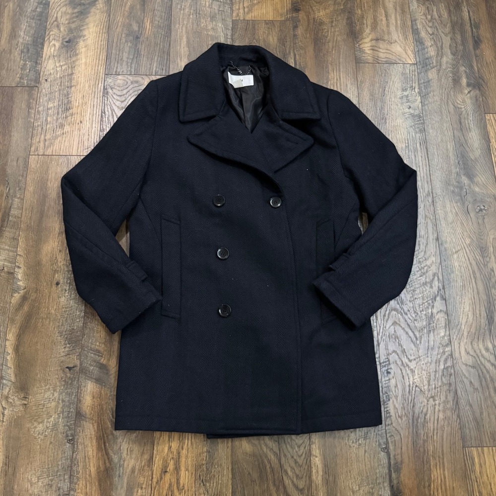 HM Modern Essentials Mens Navy Blue Wool Blend Herringbone Pea Coat Jacket 42R